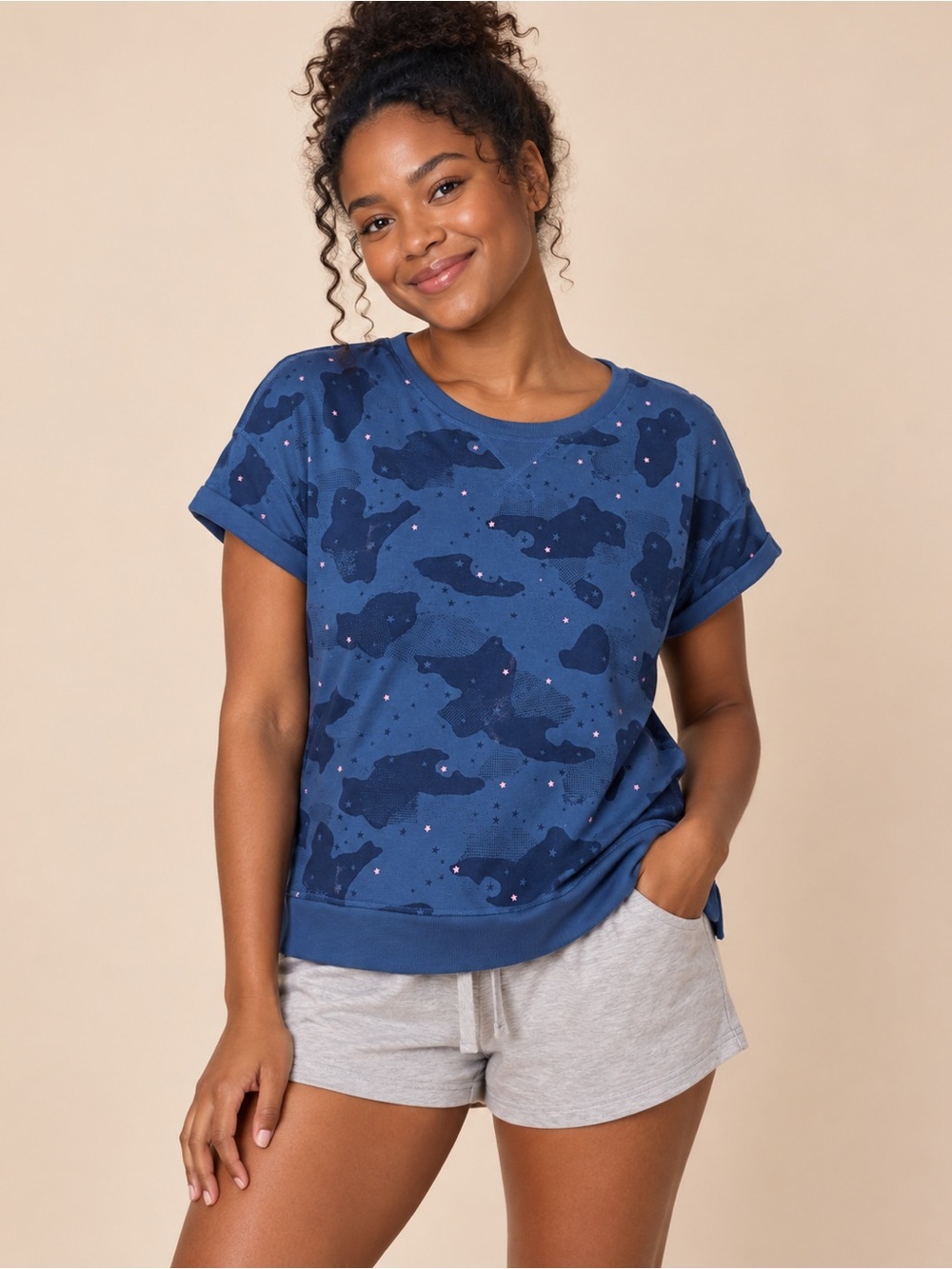 Secret Treasures Women’s S 4-6 Blue Camo Star Sleep Top Pajama Shirt NWT